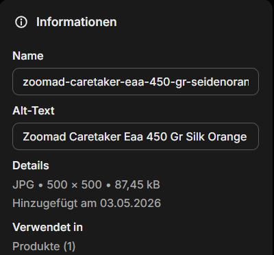 Screenshot eines Produktbilds in Shopify mit sprechendem Dateinamen, komprimierter Größe und ausgefülltem Alt-Text