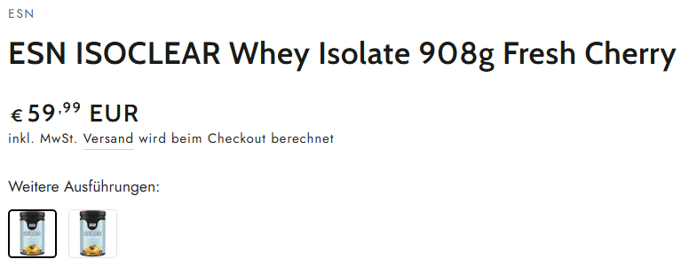 Screenshot verlinkter Produktvarianten im Shop mit auswählbaren Geschmacksrichtungen