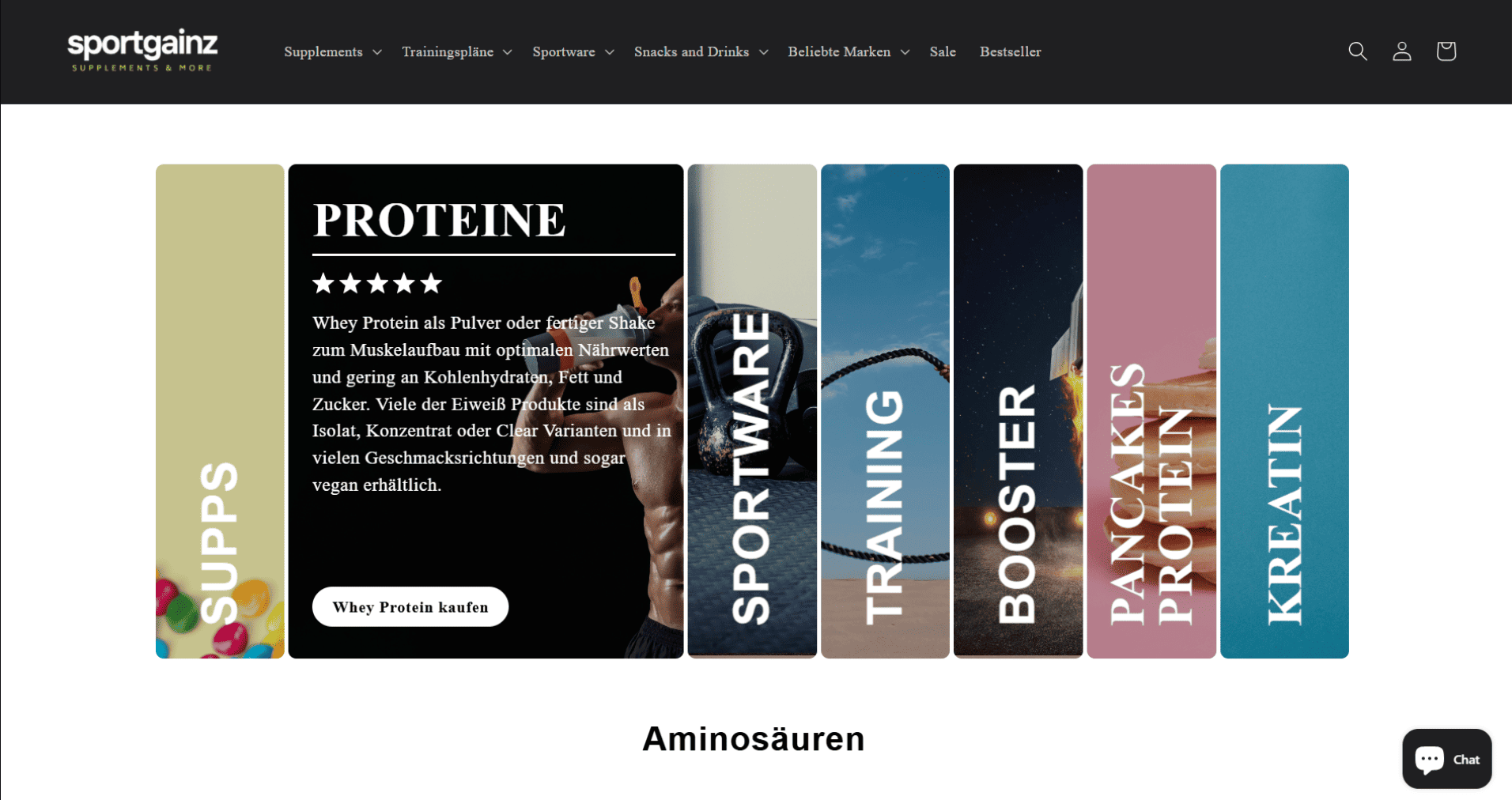 Startseite des Sportgainz Onlineshops für Nahrungsergänzung und Sportnahrung