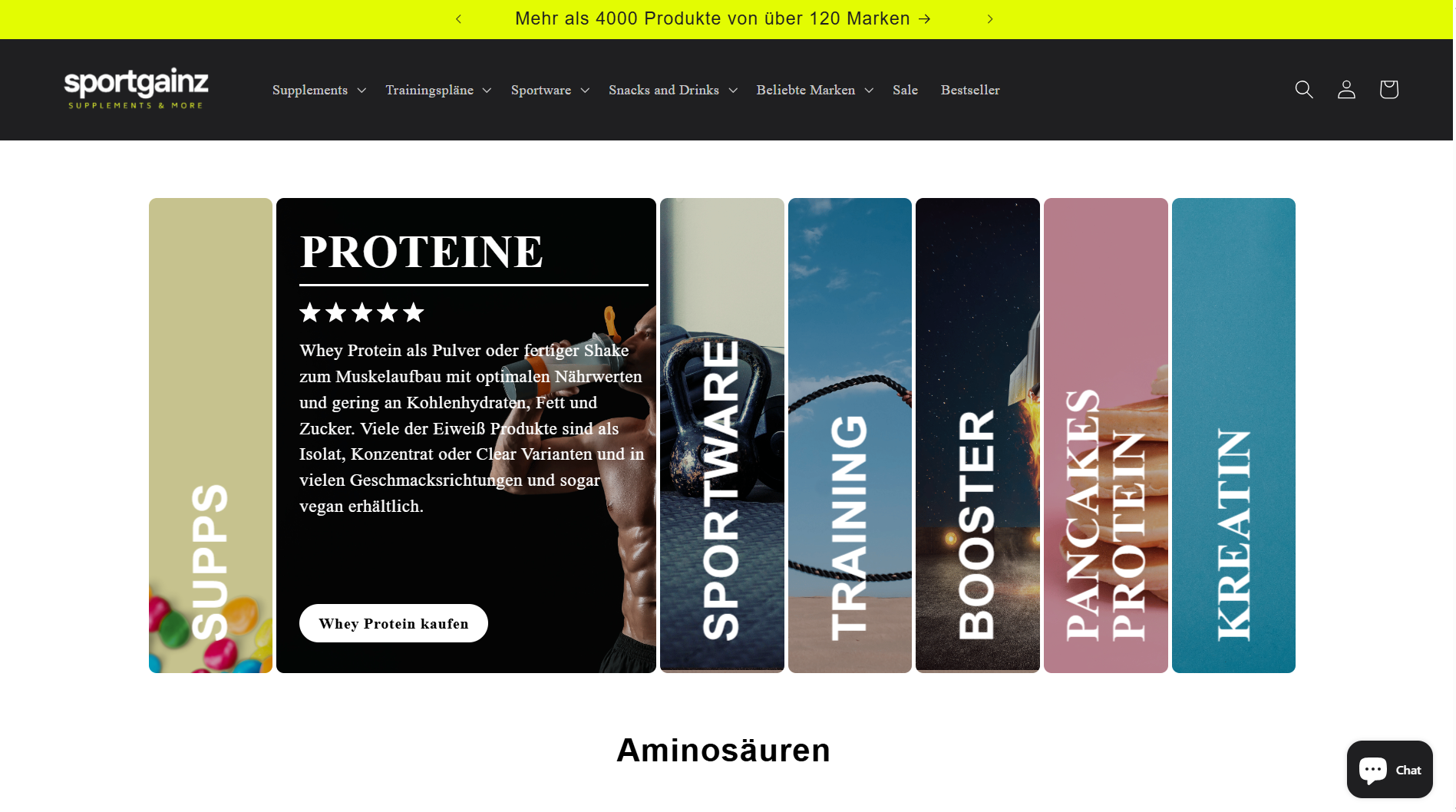 Screenshot der Sportgainz Website für Nahrungsergänzung und Sportnahrung
