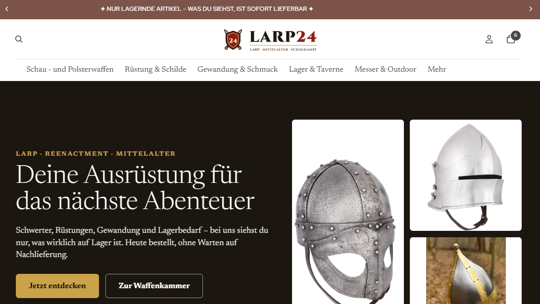 Startseite des LARP-Onlineshops LARP24 mit Rüstungen und Polsterwaffen