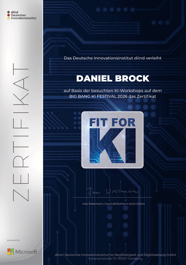 Zertifikat „Fit for KI“ des Deutschen Innovationsinstituts diind für Daniel Brock