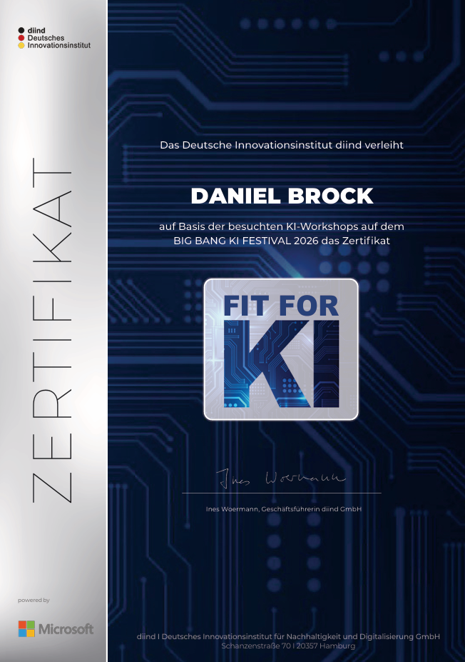 Zertifikat „Fit for KI“ des Deutschen Innovationsinstituts diind für Daniel Brock